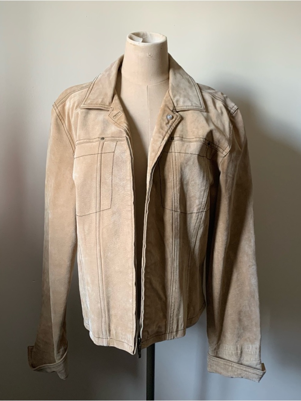 Vintage 100% Tan Leather Suede Jacket w/ Front Zipper & Black Contrast Stitching